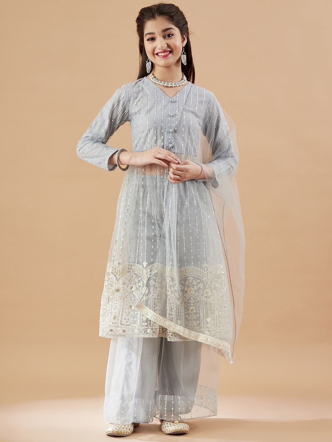 Girls Striped Embroidered Mesh Empire Sequinned Kurta & Sharara & Dupatta