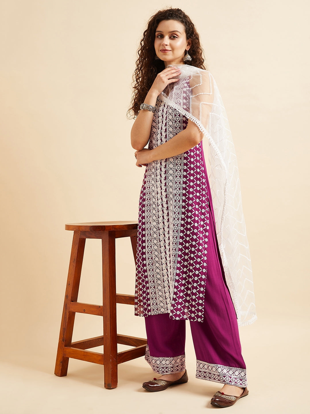 Purple Ethnic Motifs Embroidered Thread Work Regular Kurta with Palazzos & Dupatta
