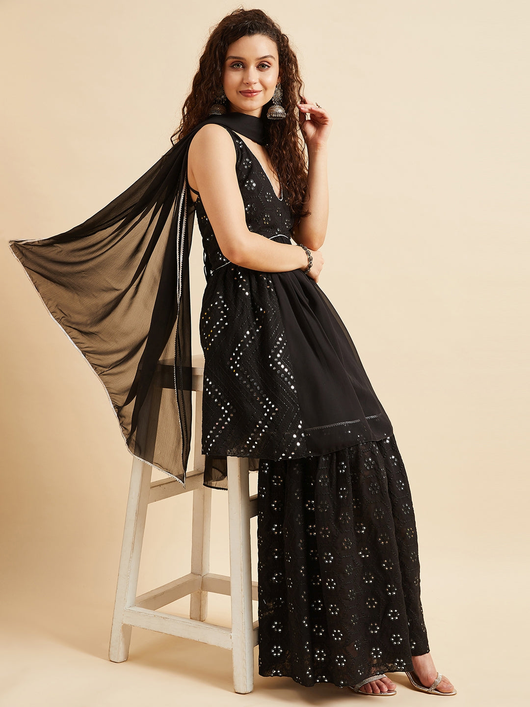 Black Embellished Mirror Work Kurta With Sharara & Dupatta