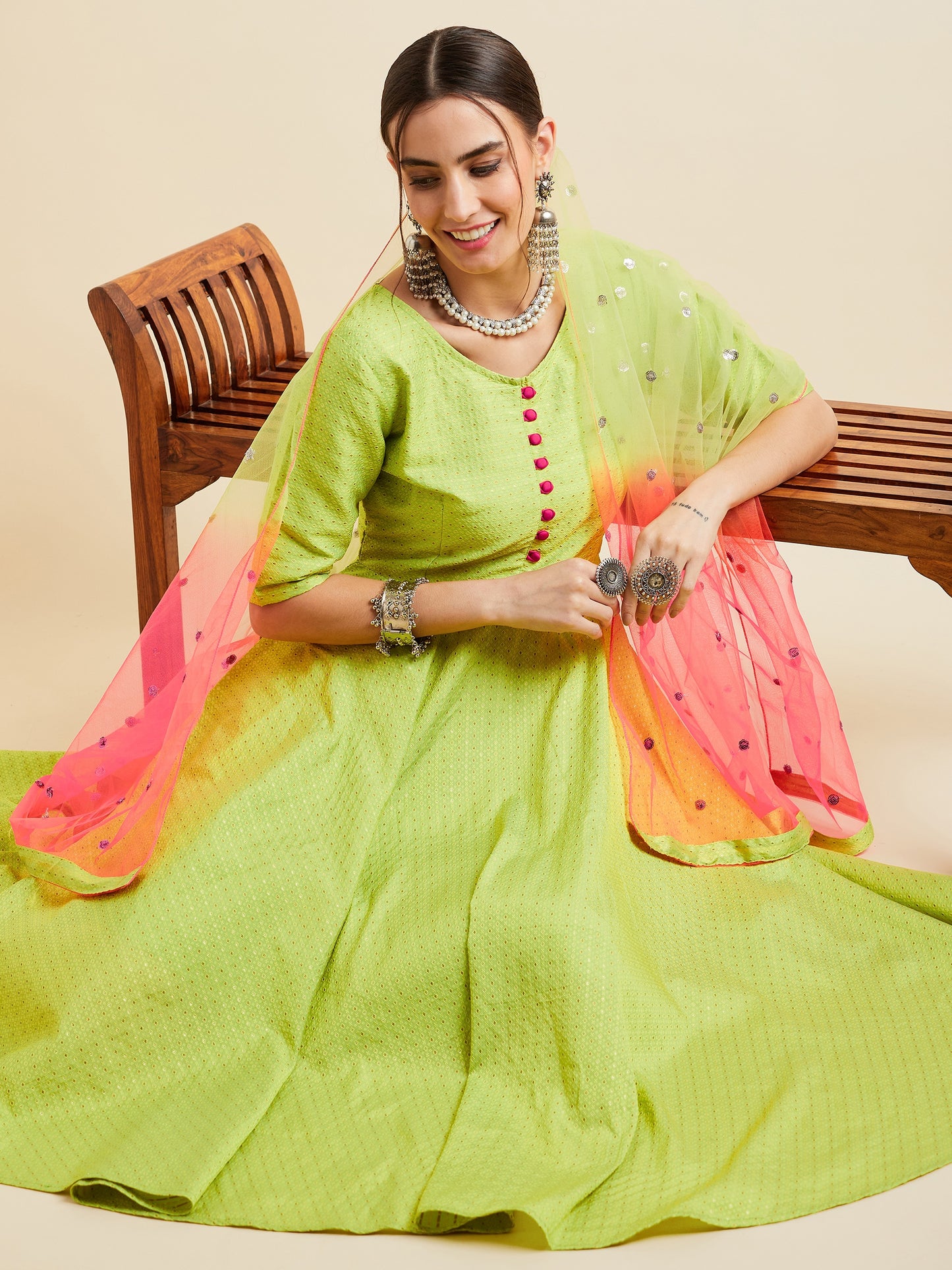 Women Neon Green Pleated Golden Thread Work Kurta Set With Trouser And Dupatta