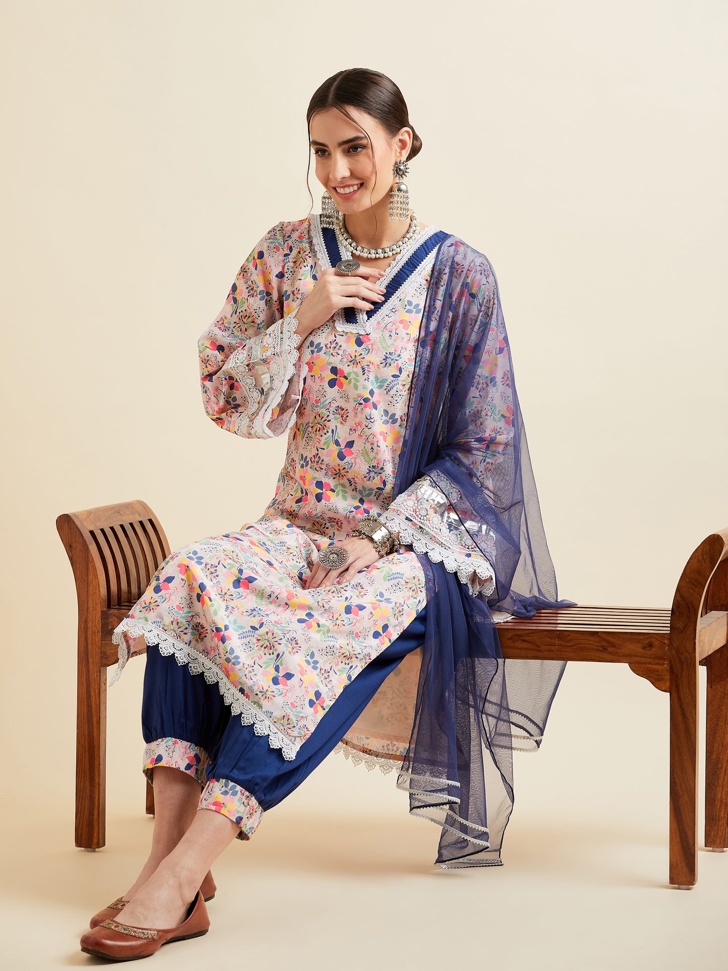 Floral Printed High Slit Patchwork Kurta with Salwar & With Dupatta