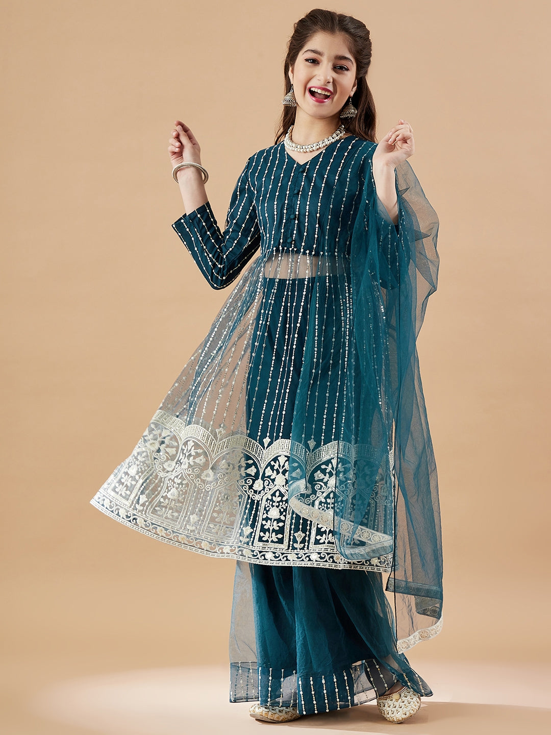 Girls Striped Embroidered Mesh Empire Sequinned Kurta & Sharara & Dupatta