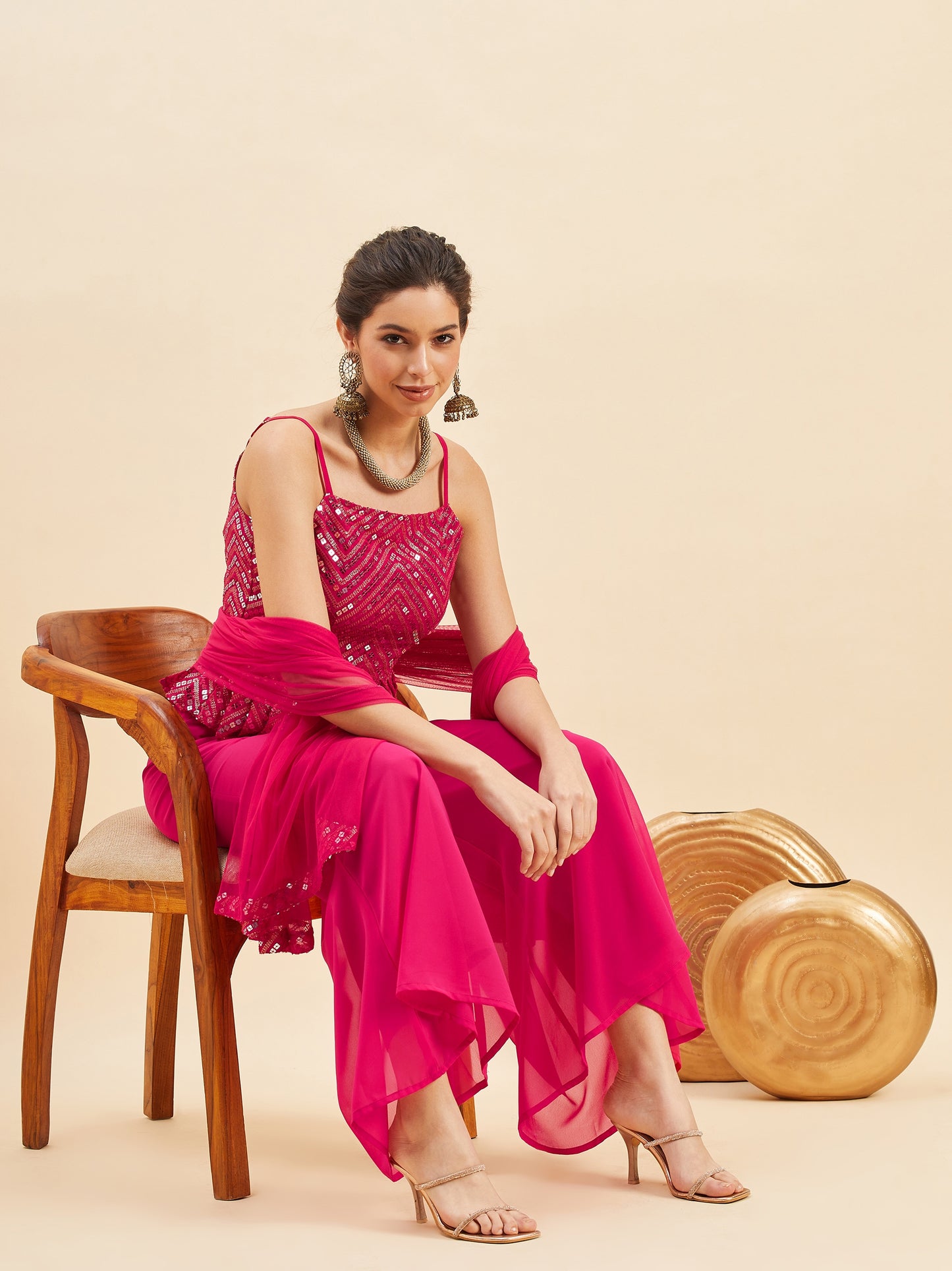 Magenta Pleated Sequinned Top with Sharara With Dupatta