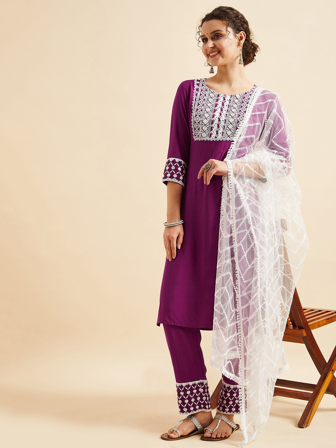Purple Ethnic Motifs Embroidered Thread Work Regular Kurta with Trousers & Dupatta