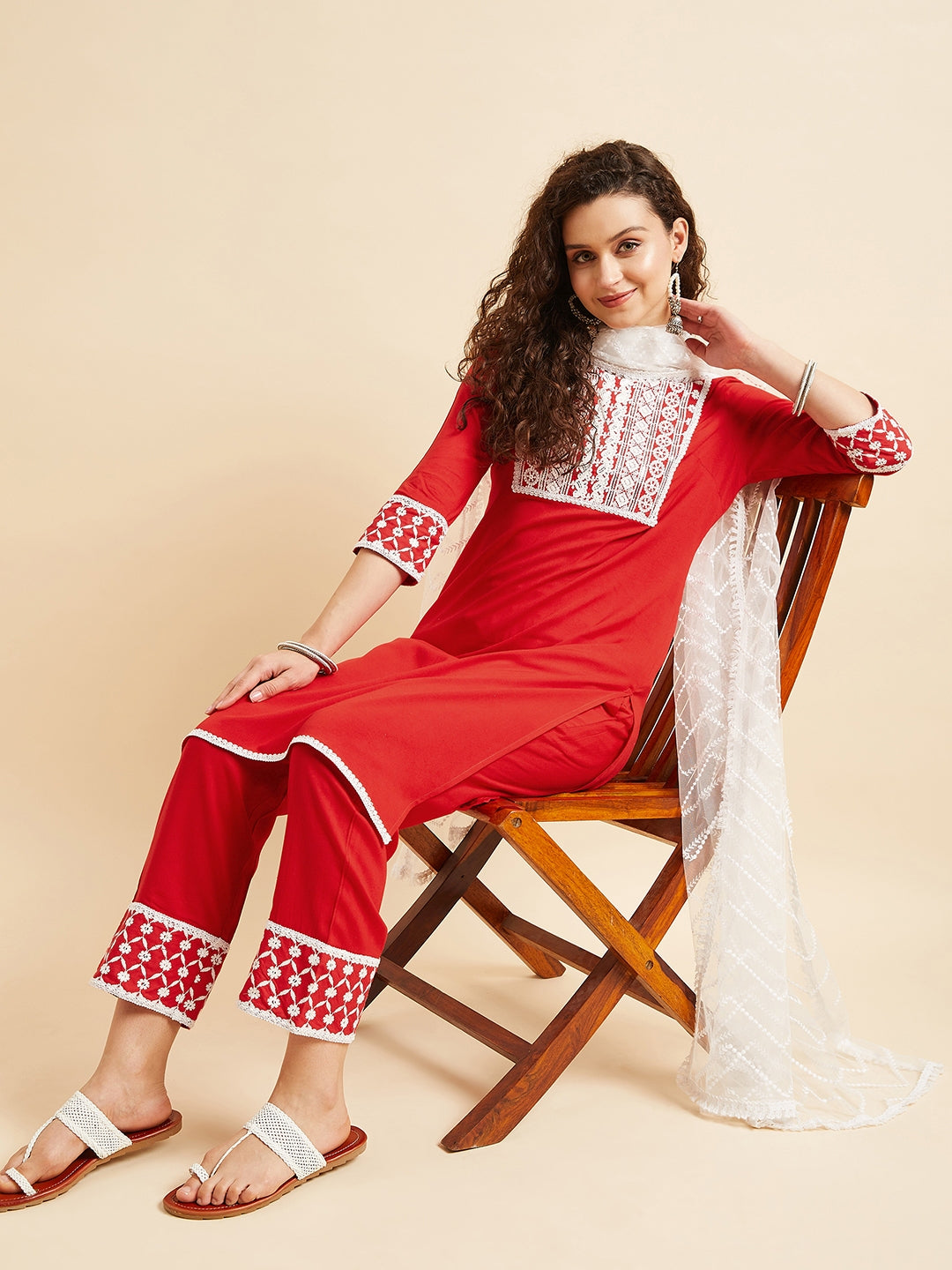 Red & White Ethnic Motifs Yoke Design Thread Work Kurta With Trousers & Dupatta