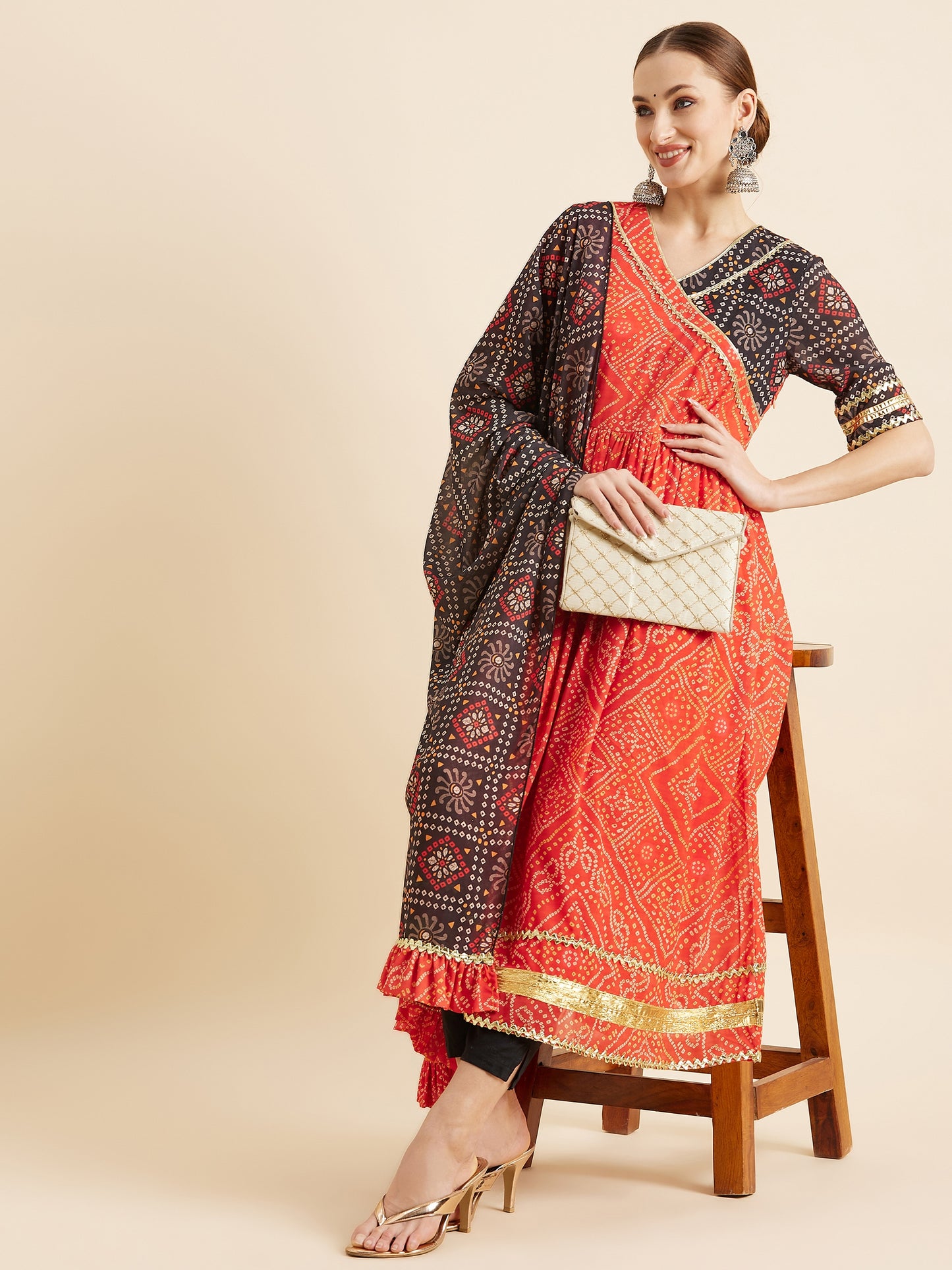 Bandhani Printed Angrakha Gotta Patti Kurta With Trousers & Dupatta