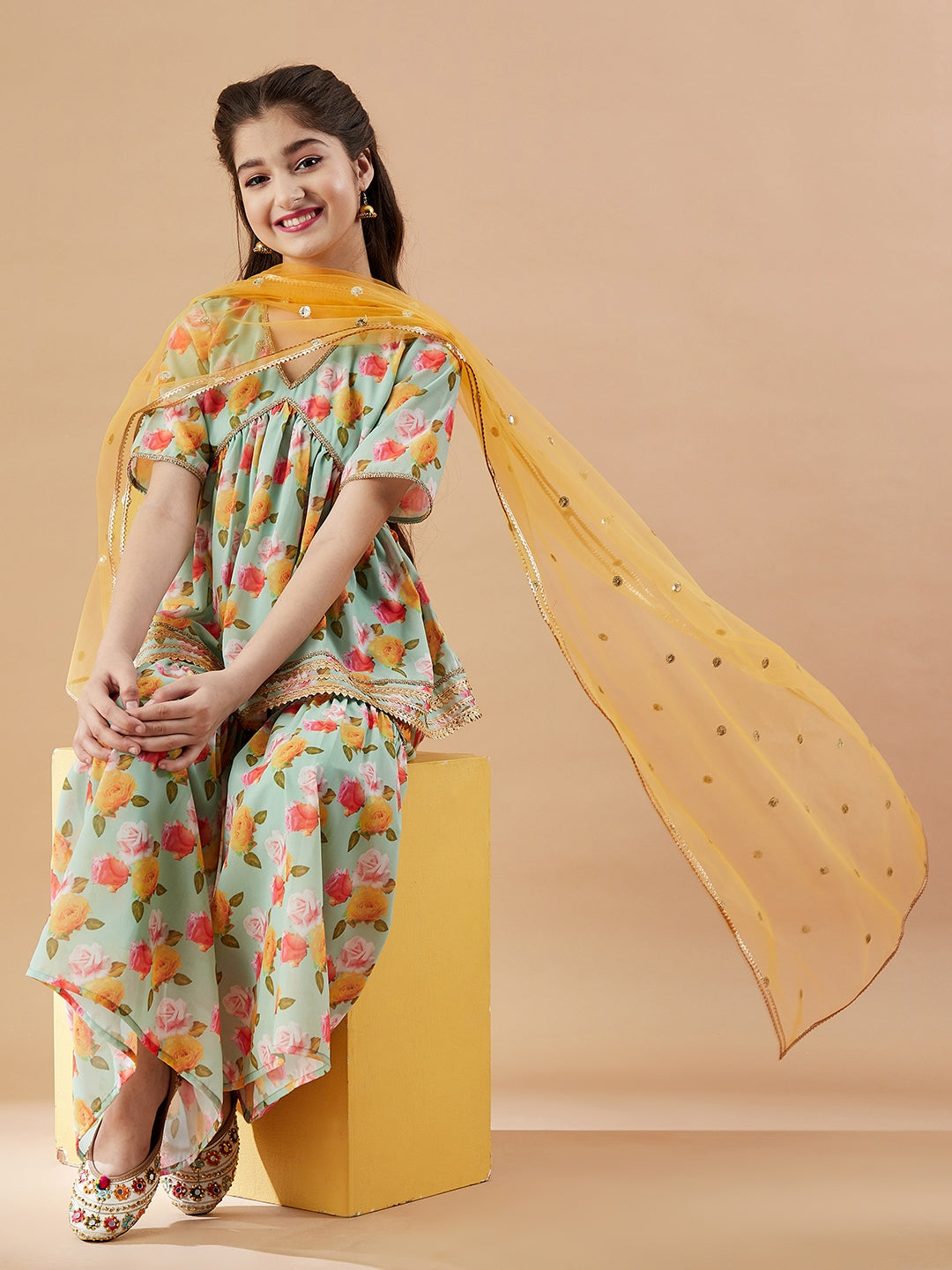 Girls Floral Printed Empire Gotta Patti Kurti with Sharara & With Dupatta