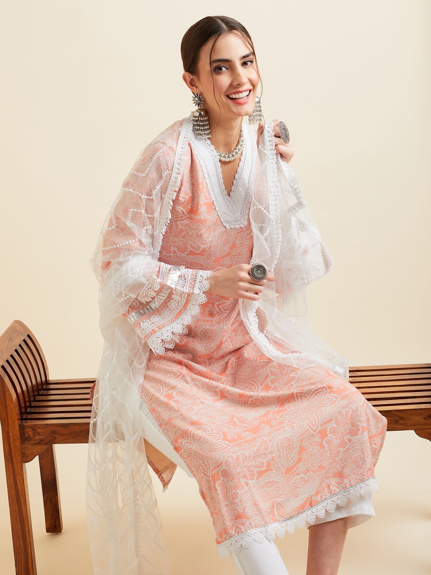 Pink Floral Printed Regular Patchwork Kurta with Trousers & With Dupatta