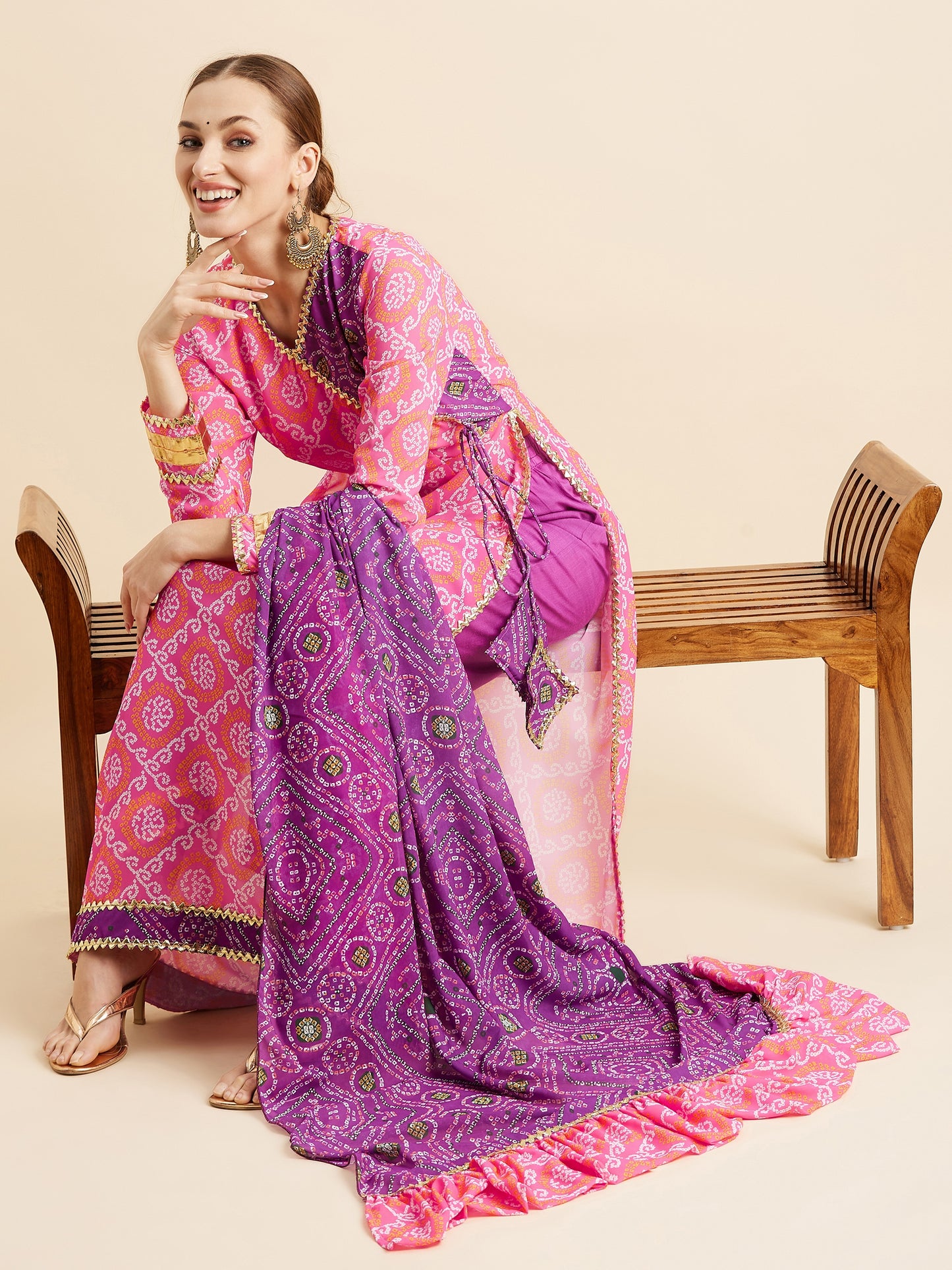 Bandhani Printed Angrakha Gotta Patti Kurta With Trousers Dupatta