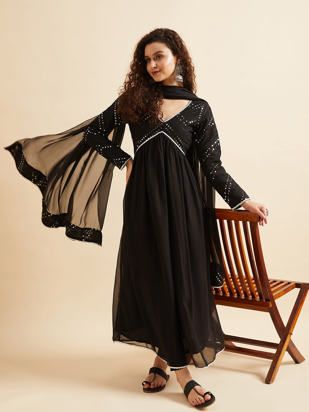 Black Mirror Work Anarkali Kurta & Trouser With Dupatta