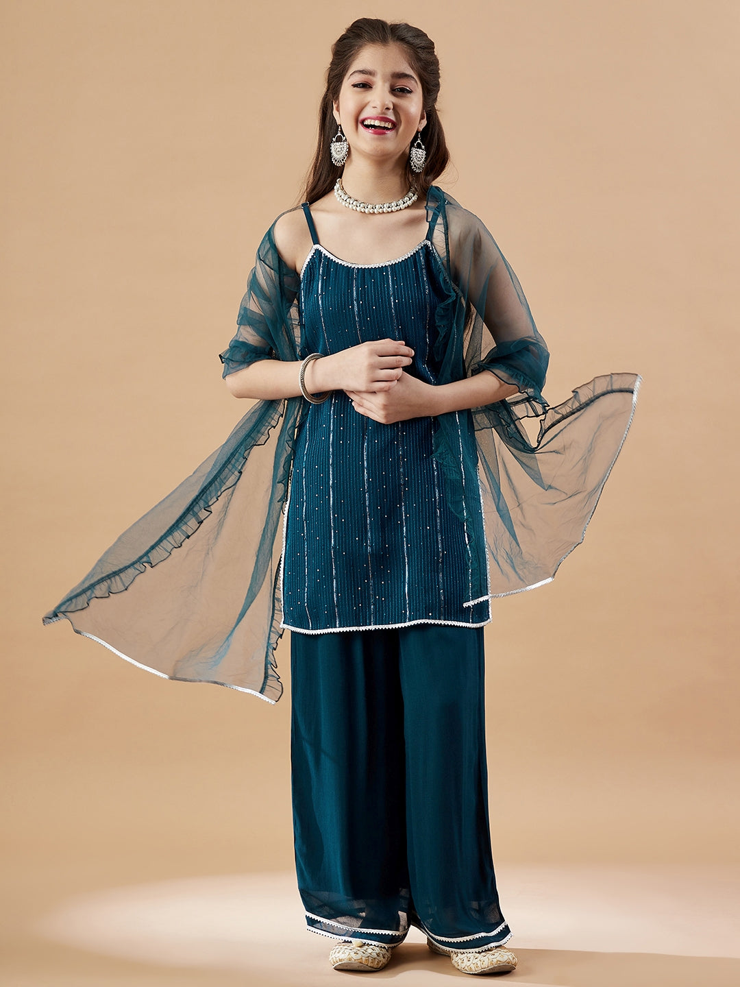 Girls Embroidered Sequinned Kurta with Palazzos & With Dupatta