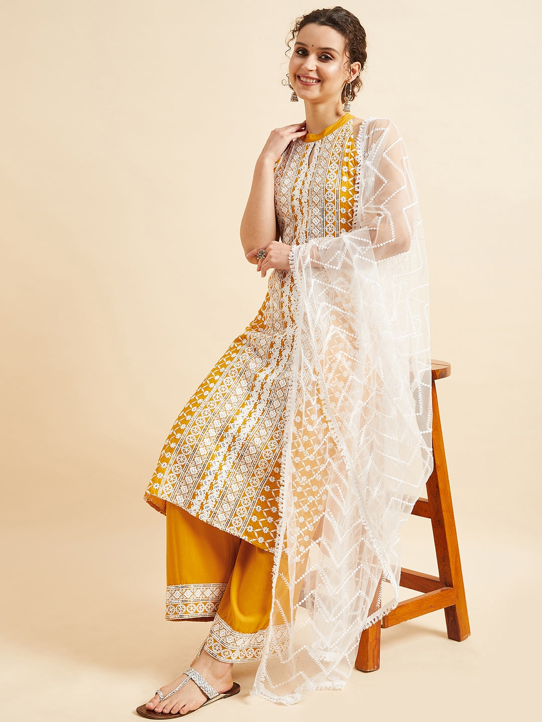 Yellow Ethnic Motifs Embroidered Thread Work Regular Kurta with Palazzos & Dupatta