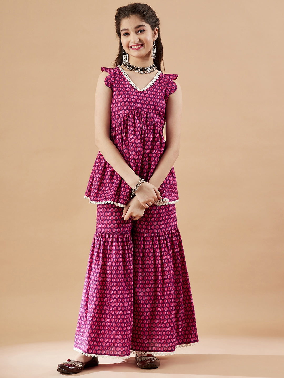 Girls Floral Printed Kurti With Sharara