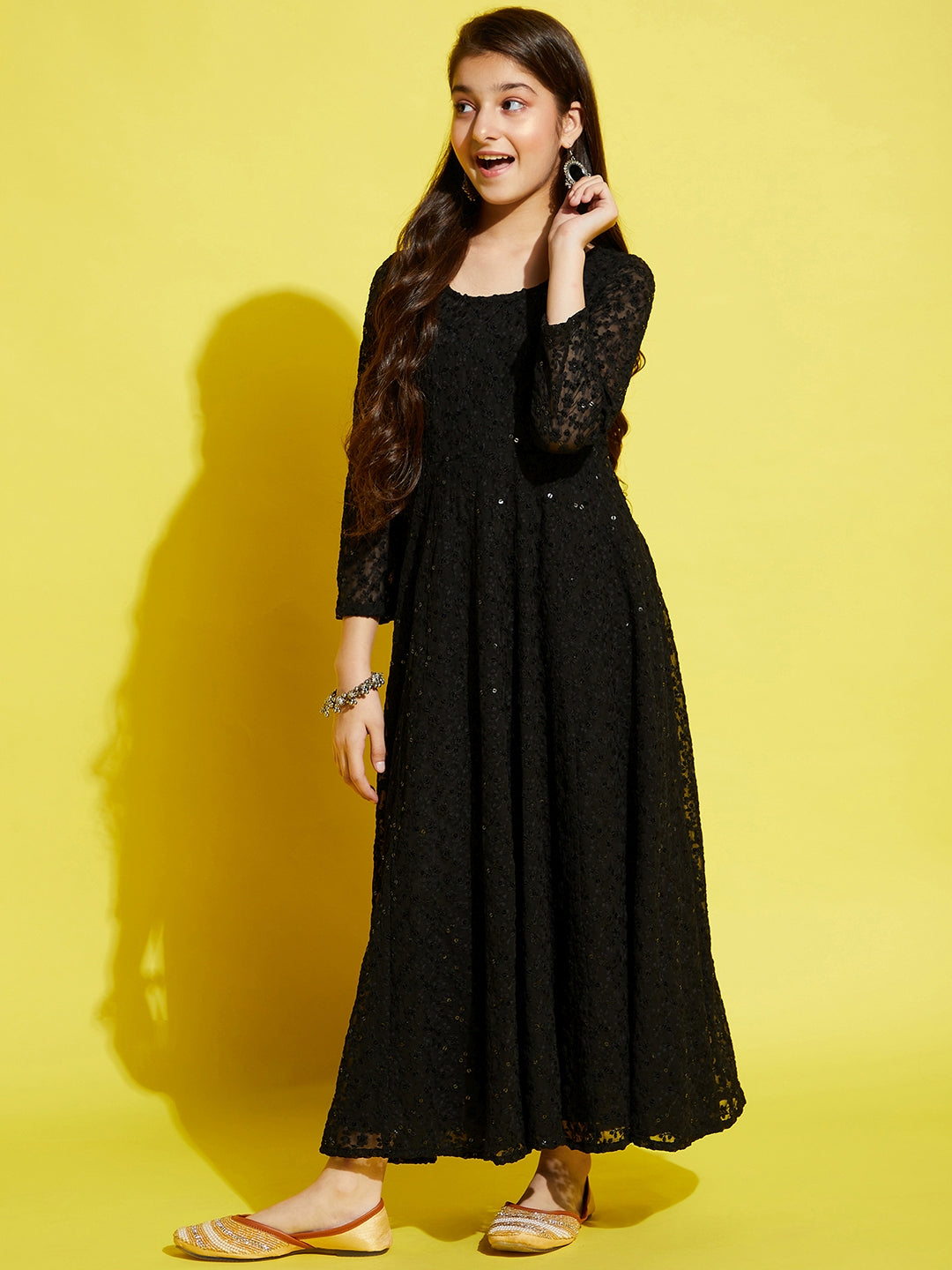 Girls Floral Embroided Maxi Dress - Black