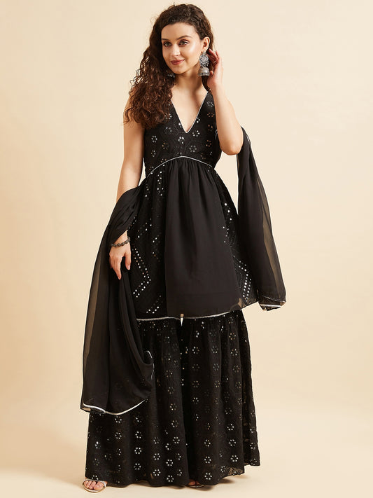 Black Embellished Mirror Work Kurta With Sharara & Dupatta