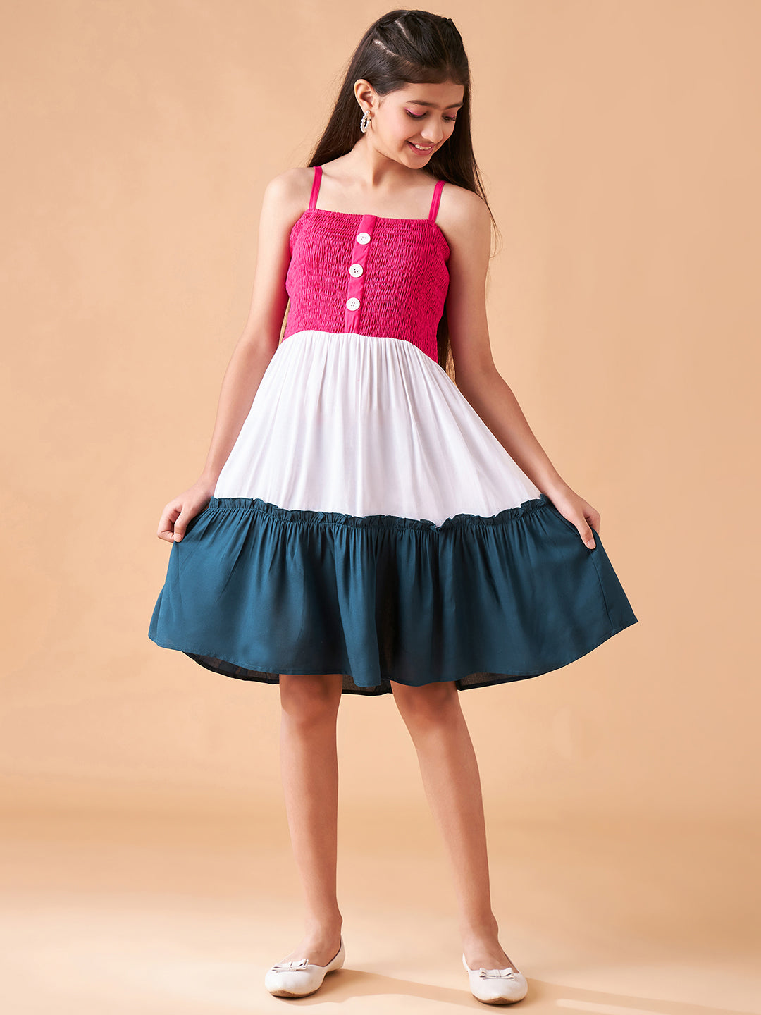 Girls Colourblocked Smocked Detailed Fit & Flare Dress