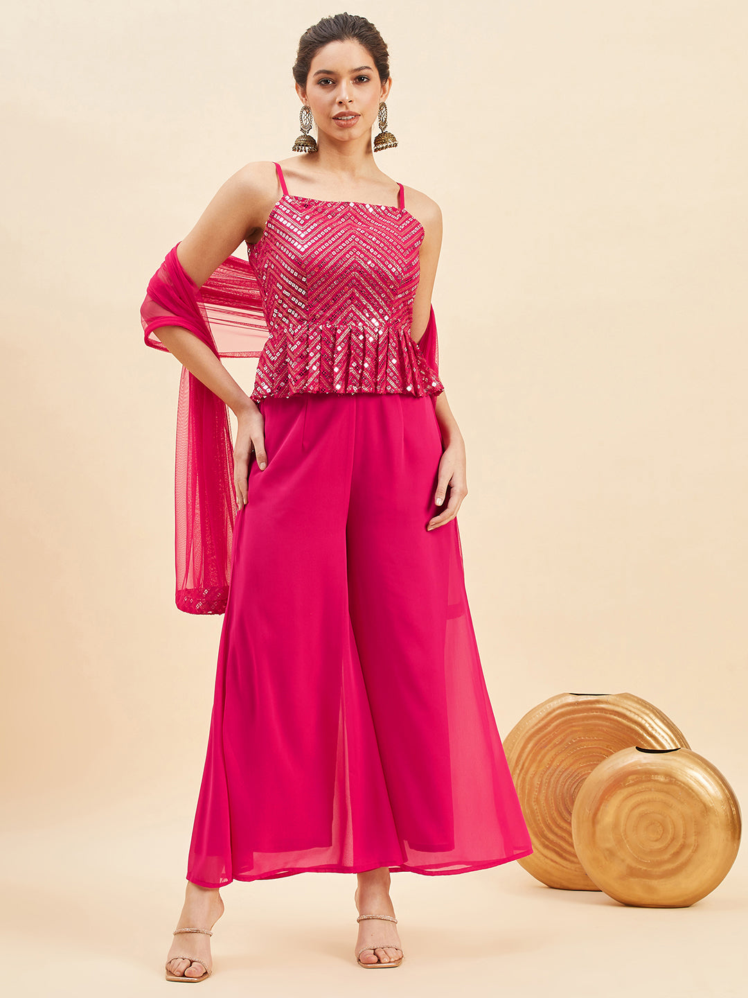 Magenta Pleated Sequinned Top with Sharara With Dupatta