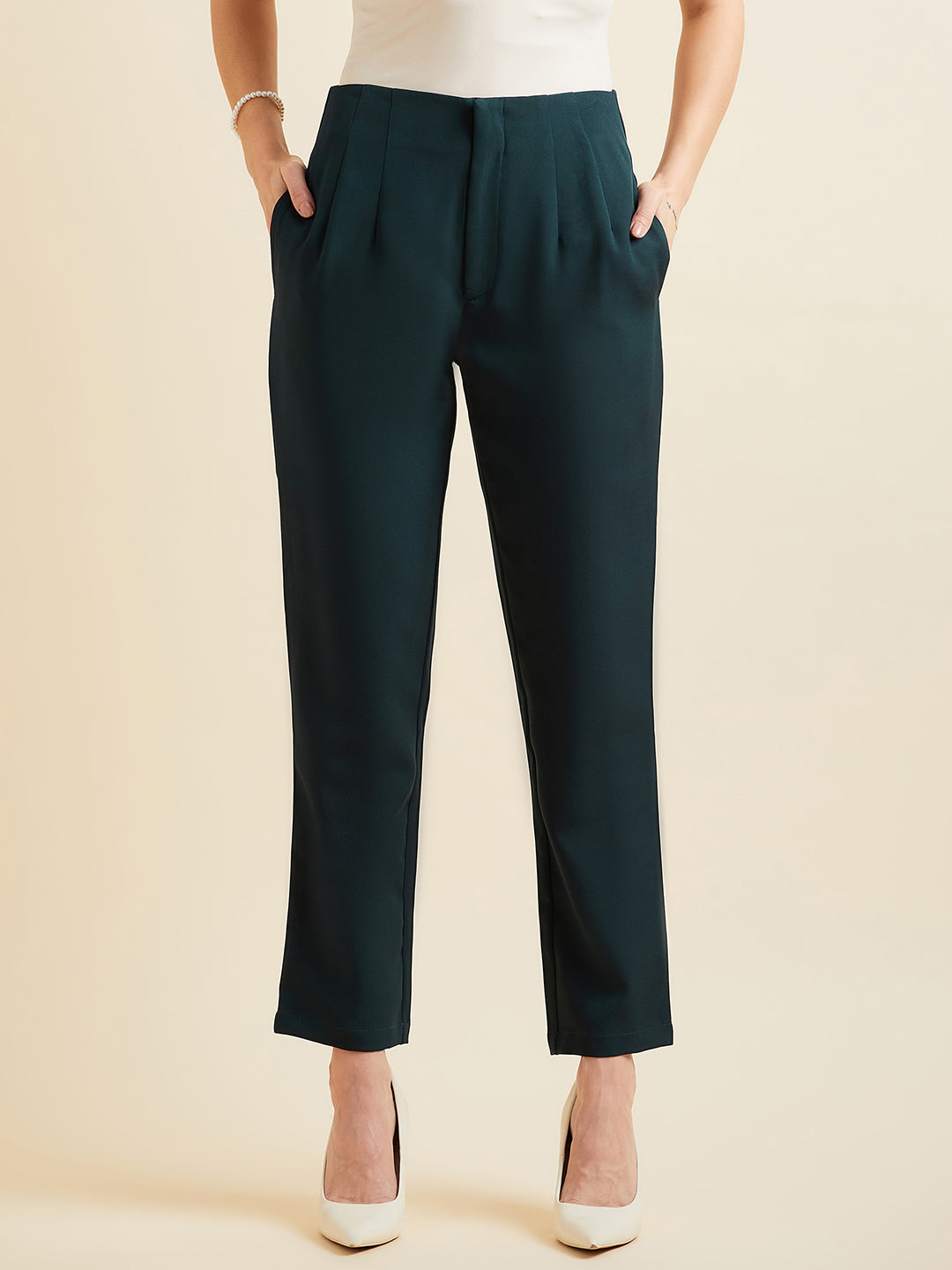 Teal Smart Straight Fit High-Rise Pleated Peg Trousers