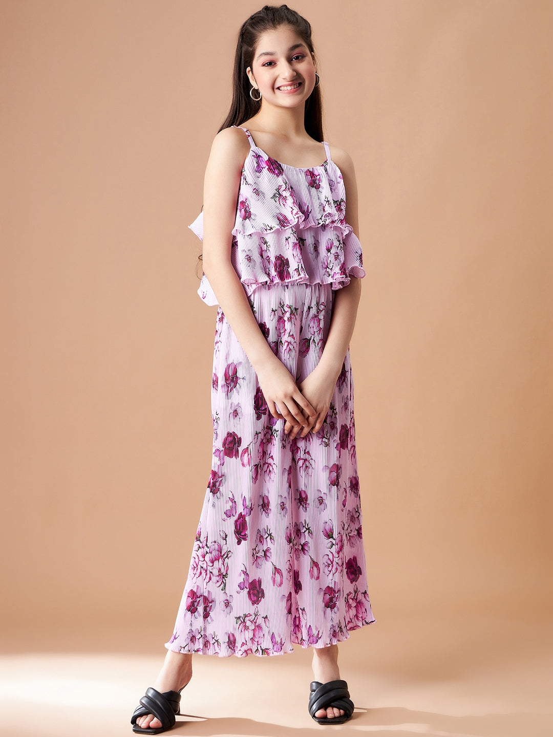Girls Pink Floral Printed Top with Trousers