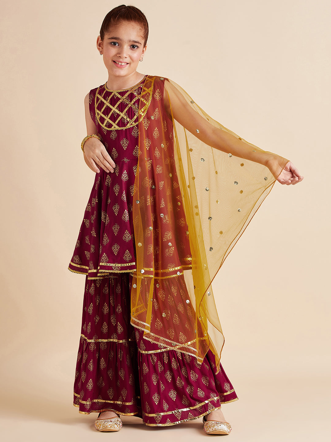 Girls Ethnic Motifs Printed Gotta Patti Kurti with Sharara & With Dupatta