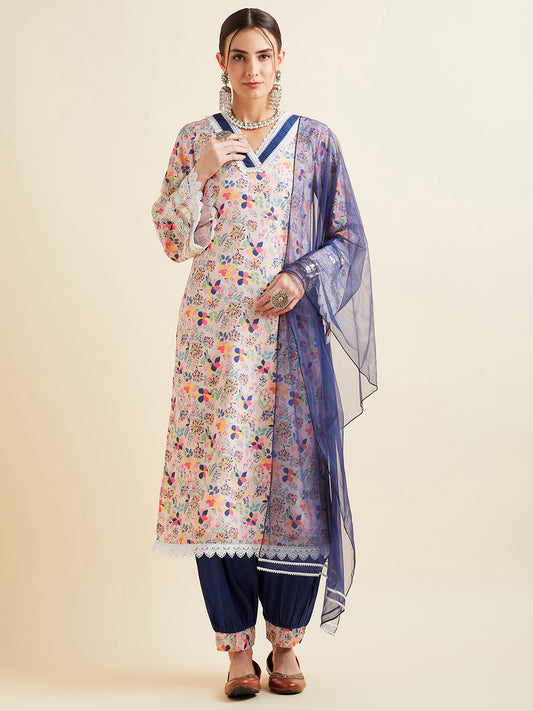 Floral Printed High Slit Patchwork Kurta with Salwar & With Dupatta