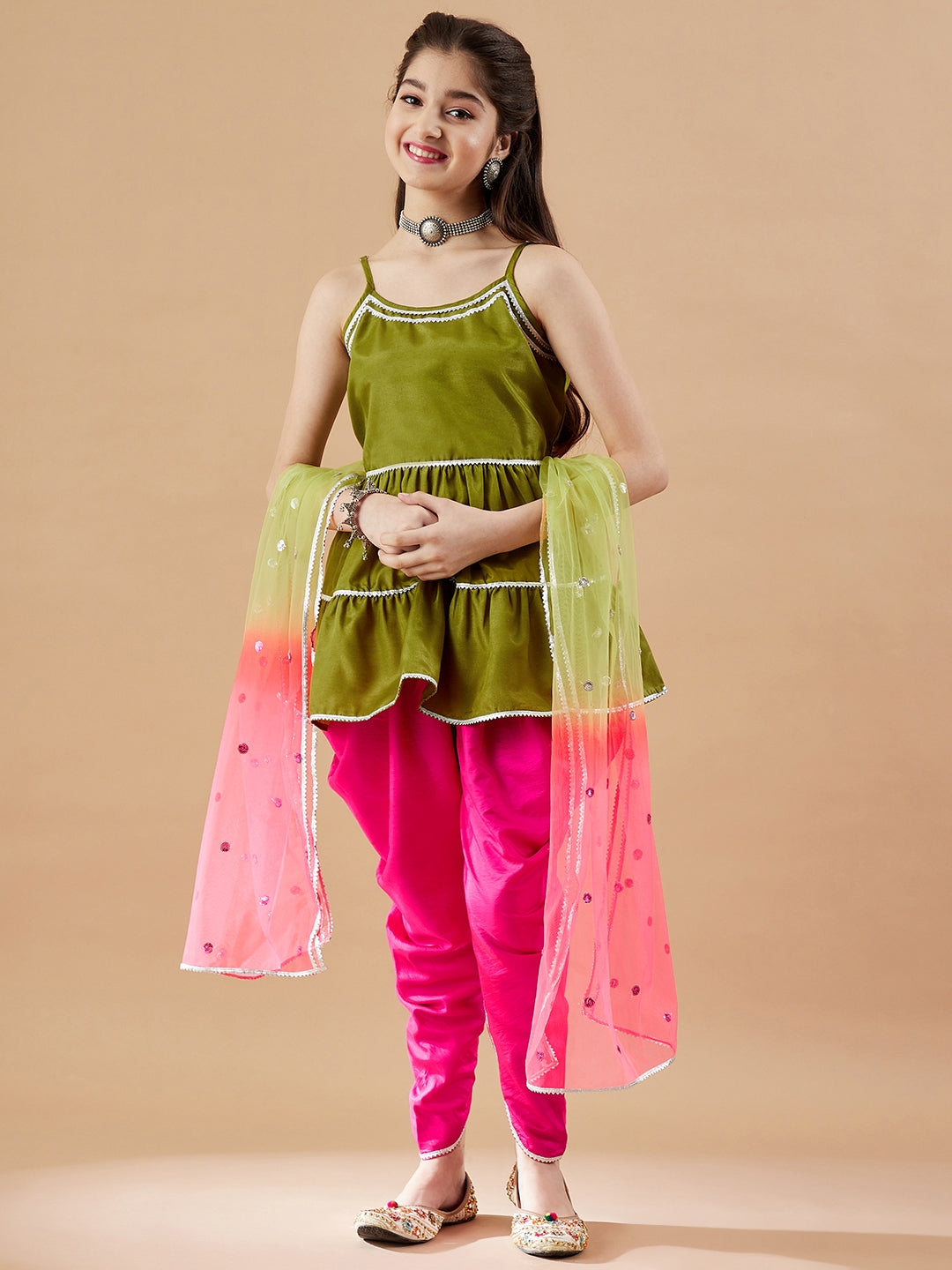 Girls Tiered Gotta Patti Kurti with Dhoti Pants & With Dupatta