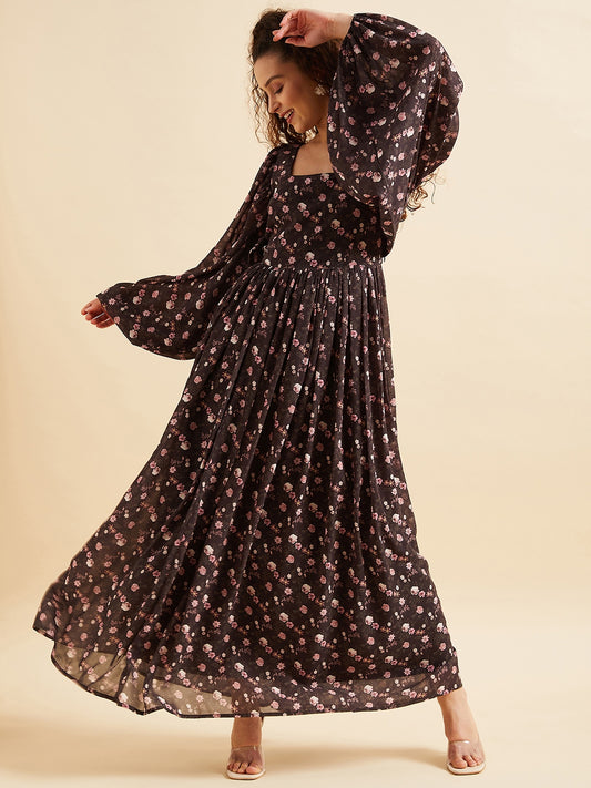Black & Pink Floral Printed Georgette Fit & Flare Maxi Ethnic Dress