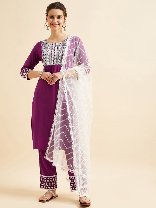 Purple Ethnic Motifs Embroidered Thread Work Regular Kurta with Trousers & Dupatta