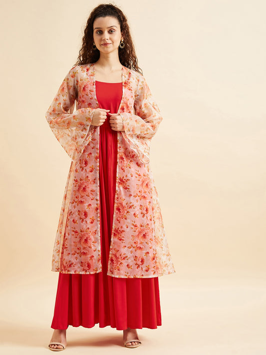 Shoulder Straps Fit & Flare Maxi Ethnic Dress With Printed Shrug