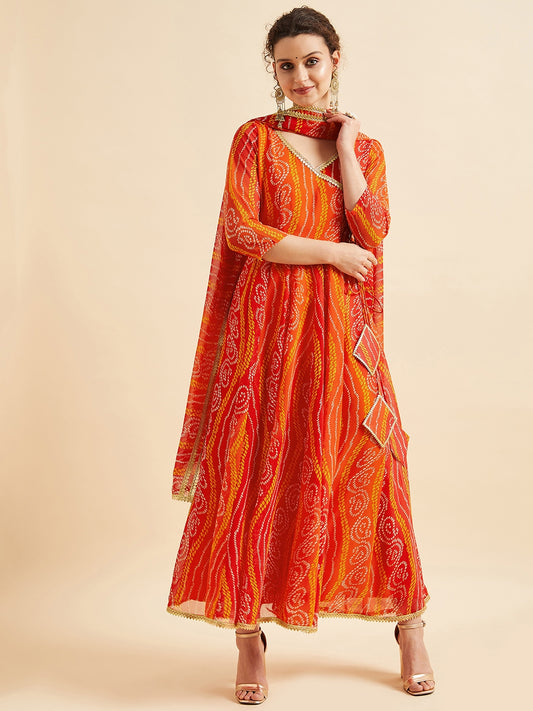 Bandhani Printed V-Neck Anarkali Ethnic Maxi Dress With Dupatta