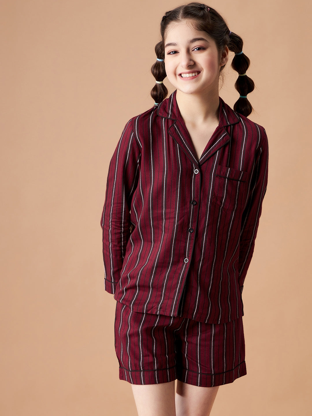 Girls Maroon Striped Shorts Night Suit Sets