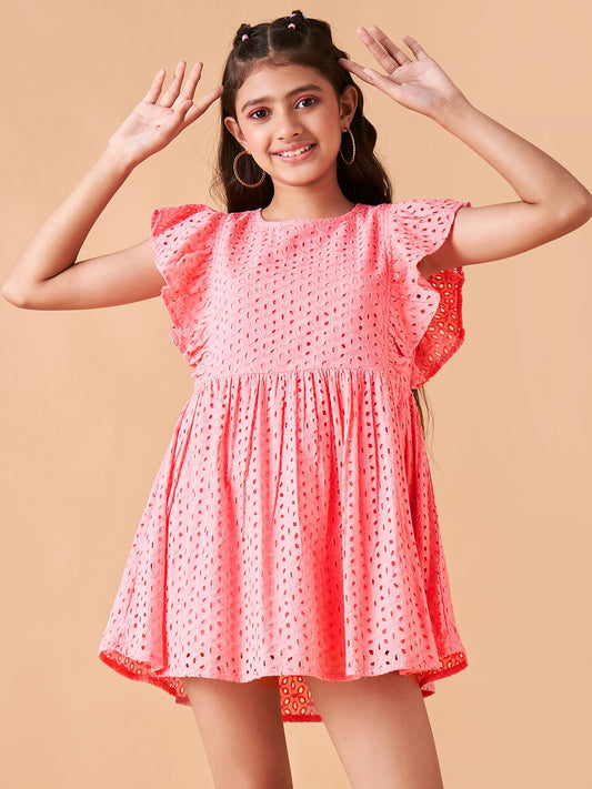 Girls Pink Flutter Sleeve Fit & Flare Mini Dress