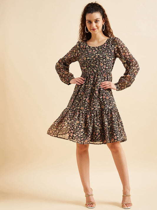 Puffed Sleeves Floral Printed Tiered Fit & Flare Georgette Dress