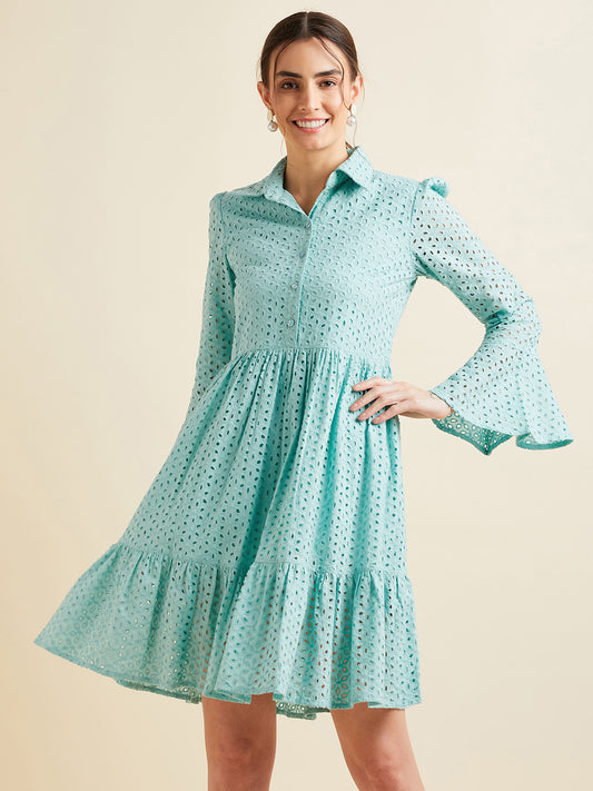 Women Blue Shirt Collar Bell Sleeve Ruffled Schiffli Cotton A-line Dress