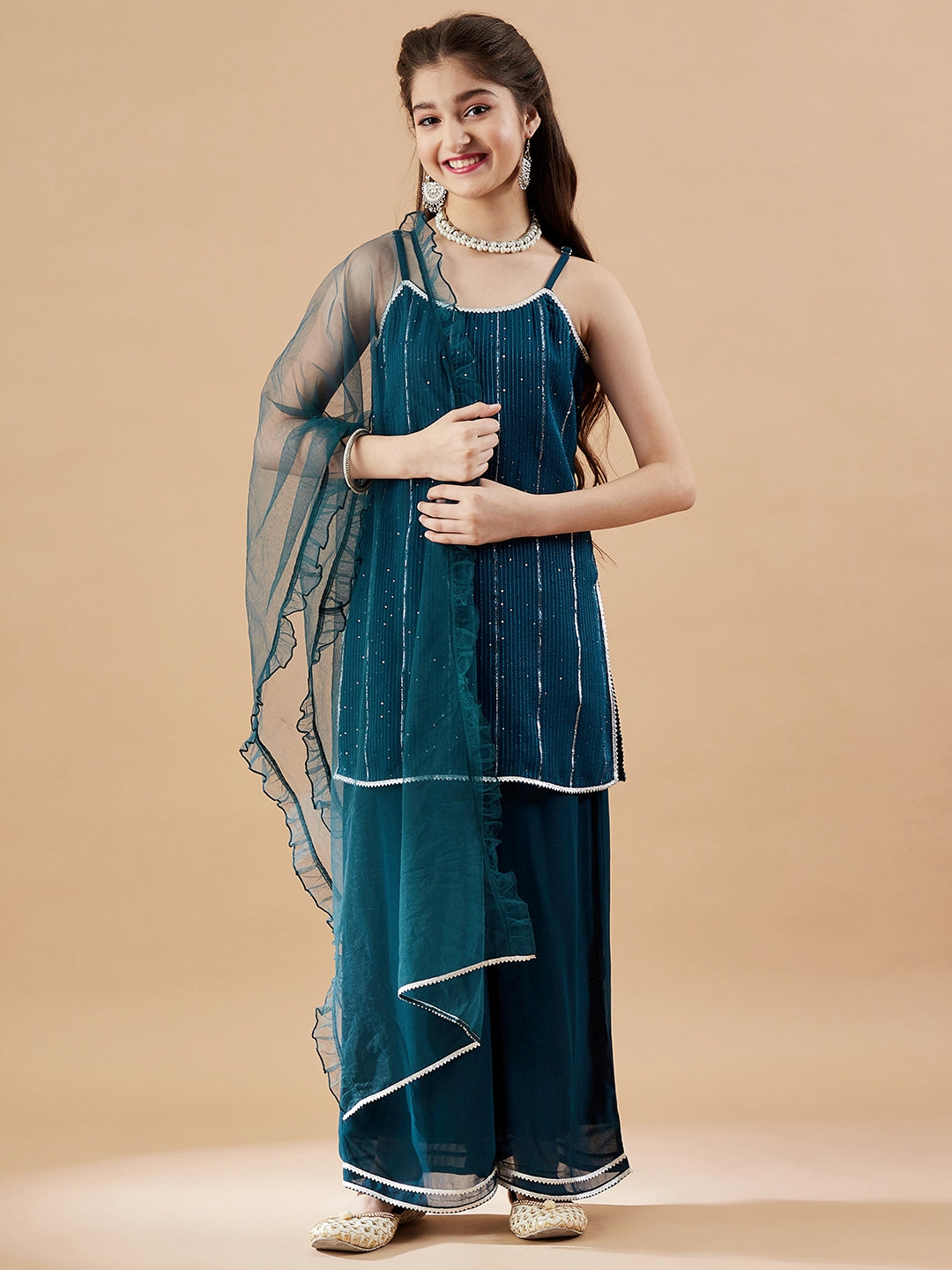 Girls Embroidered Sequinned Kurta with Palazzos & With Dupatta