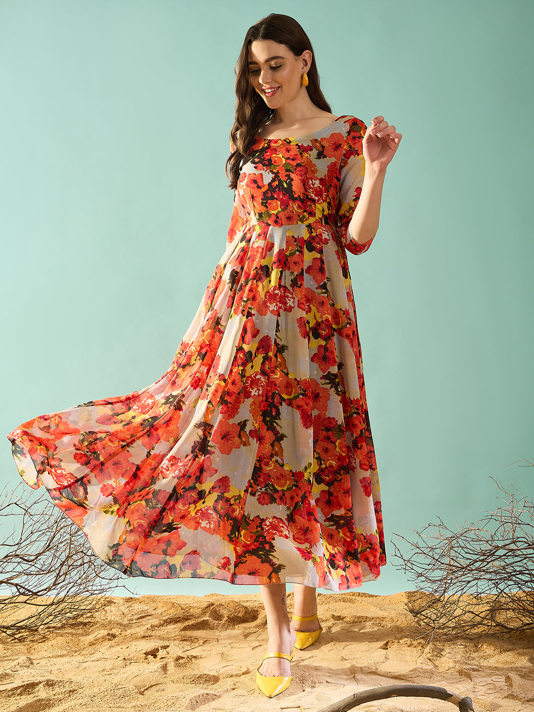Floral Printed Fit and Flared Maxi Dress