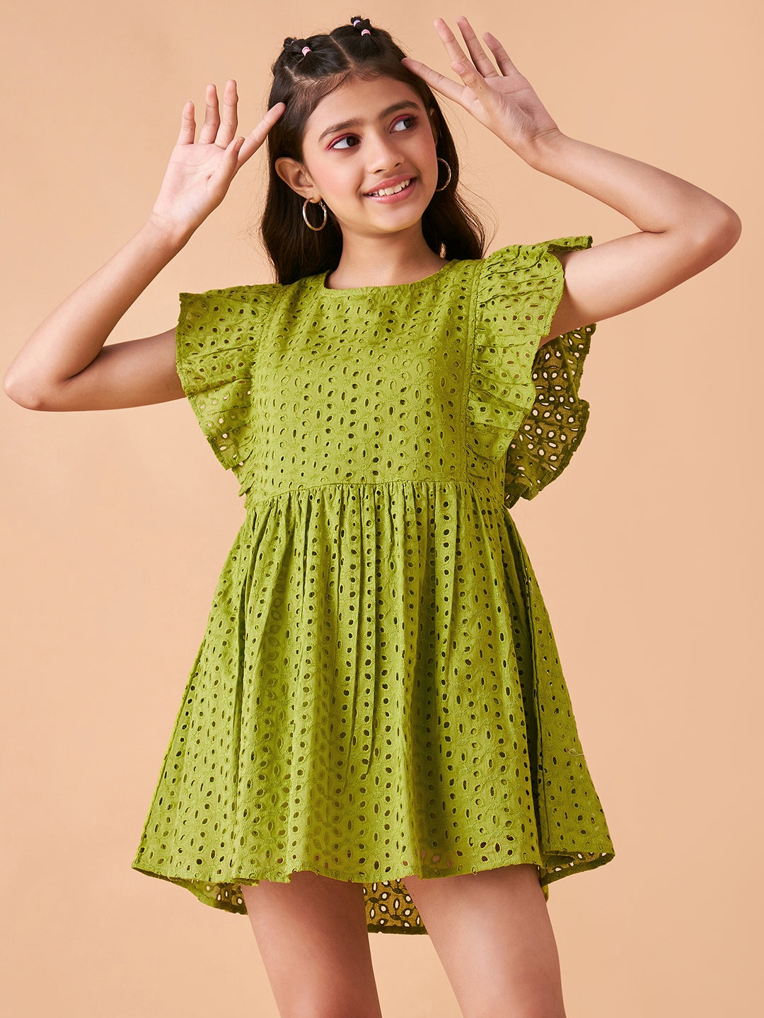 Girls Self Design Flutter Sleeve Cotton Fit & Flare Dress