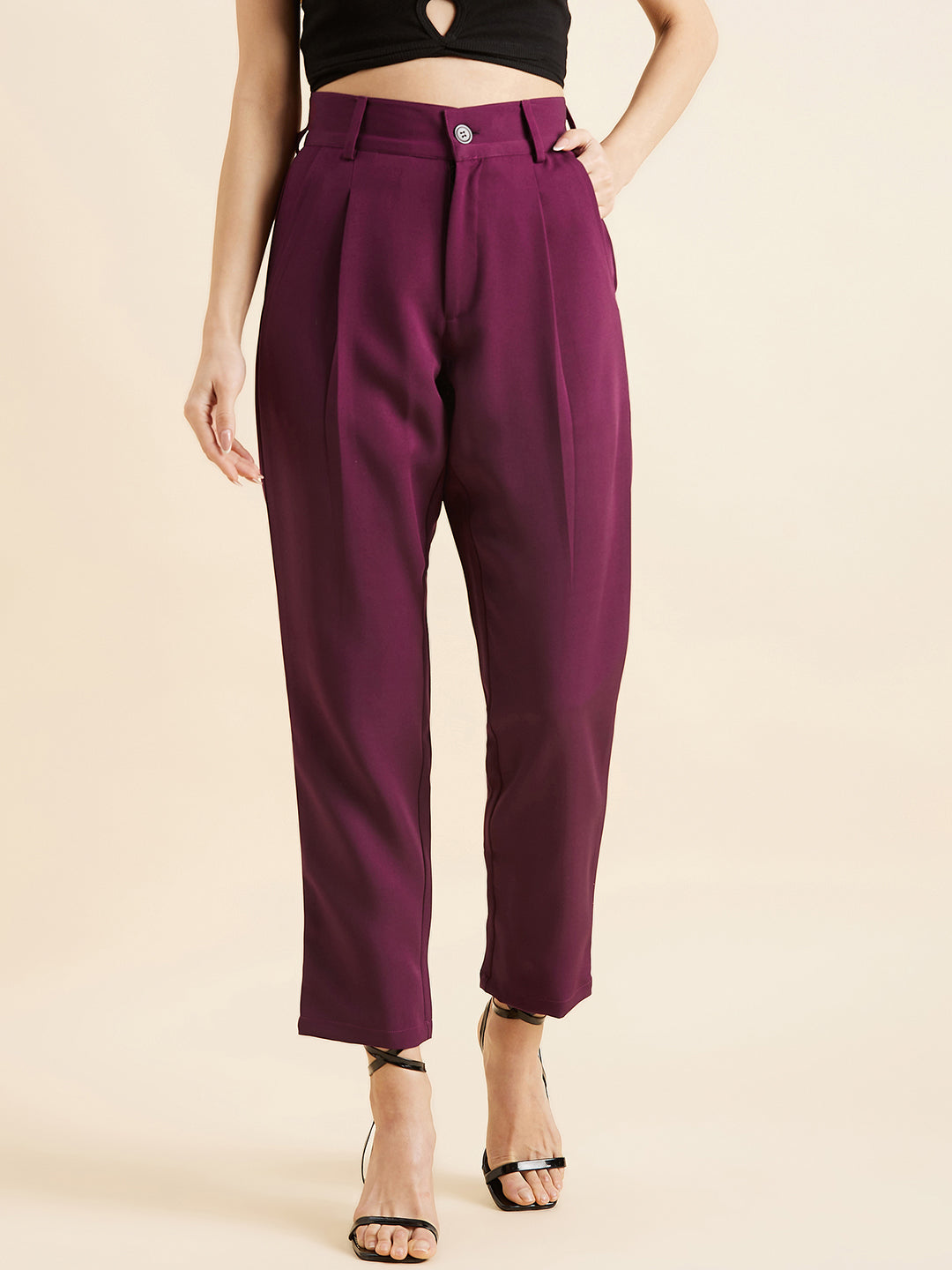 Burgundy Relaxed Straight Fit High-Rise Pleated Formal Trousers