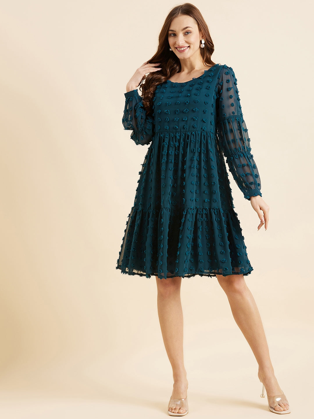 Dobby Fabric Puff Sleeves Tiered Fit & Flare Dress