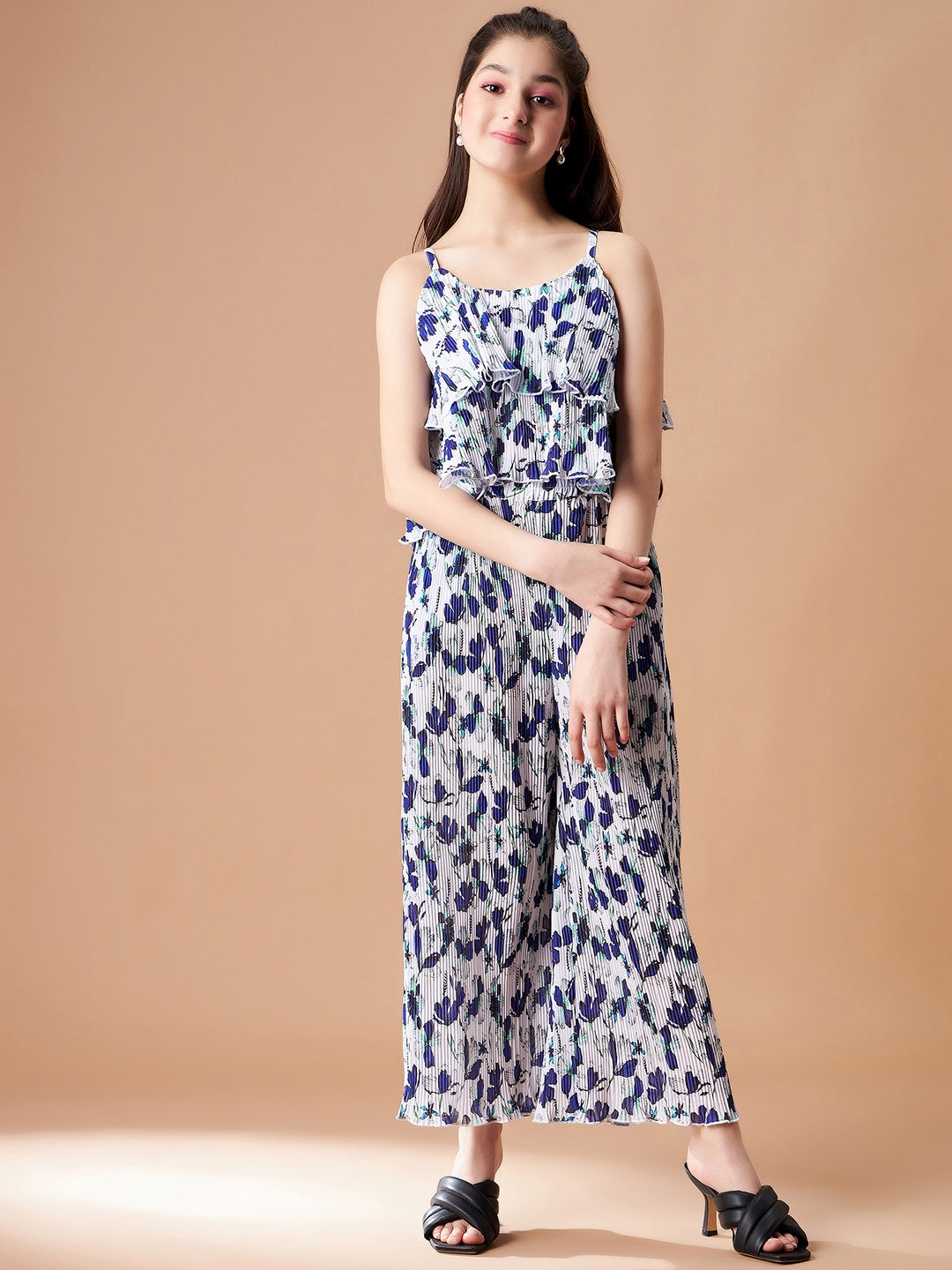 Girls Blue Floral Printed Top with Trousers
