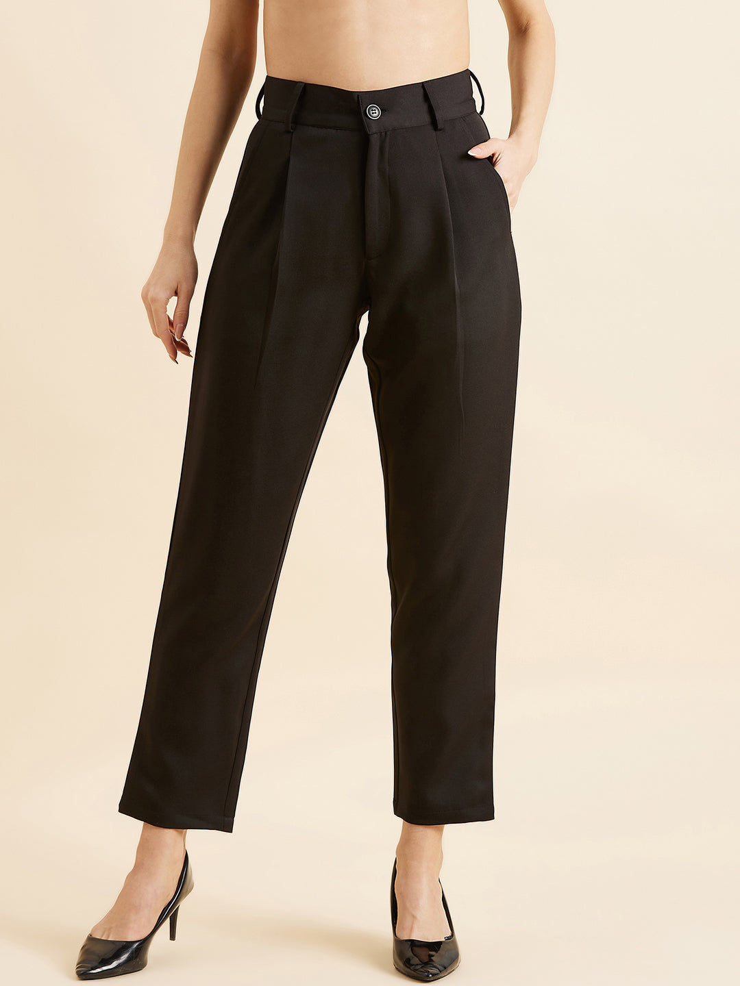 Black Relaxed Straight Fit High-Rise Formal Trousers