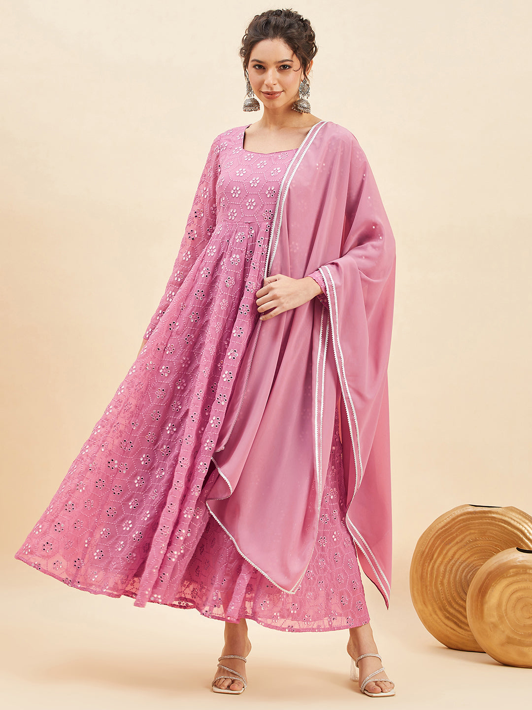 Mirror Embroidered Flared Ethnic Dresses With Dupatta