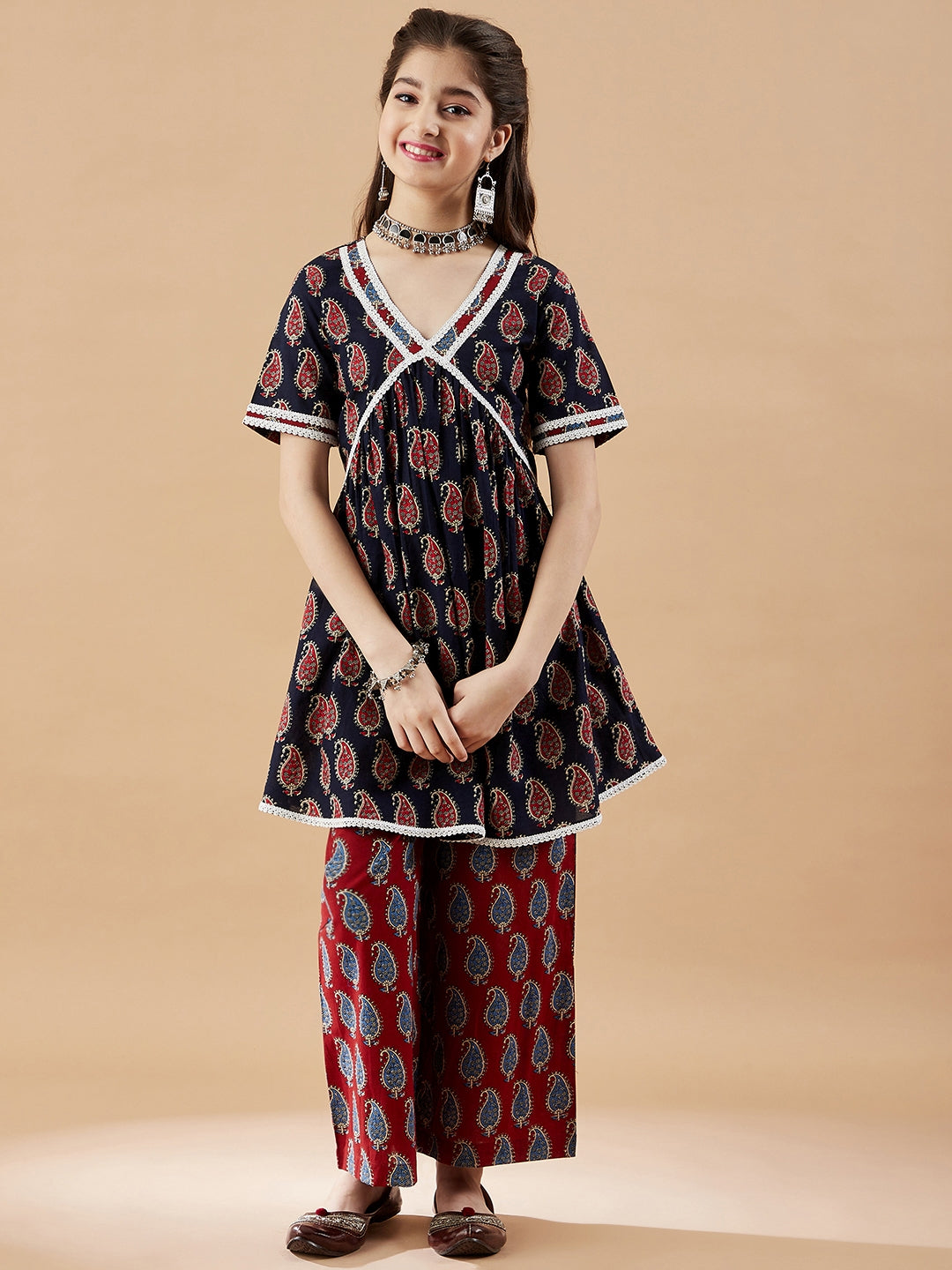 Girls Paisley Printed Pleated Kurta with Trousers