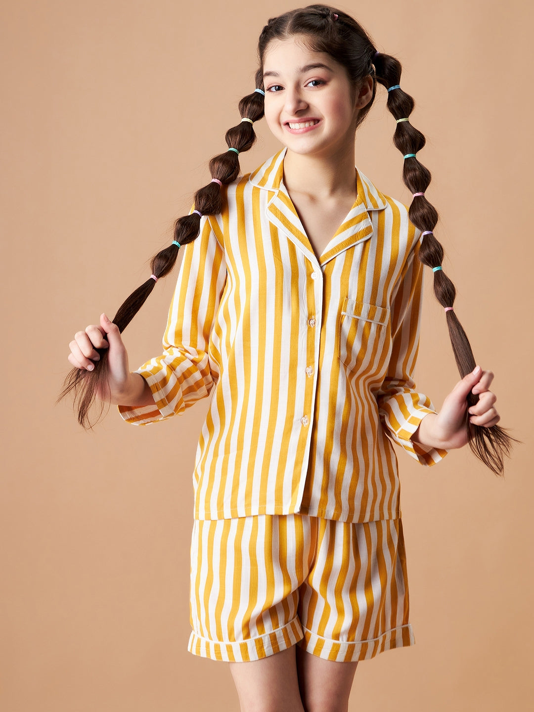 Girls Yellow Striped Shorts Night Suit Sets