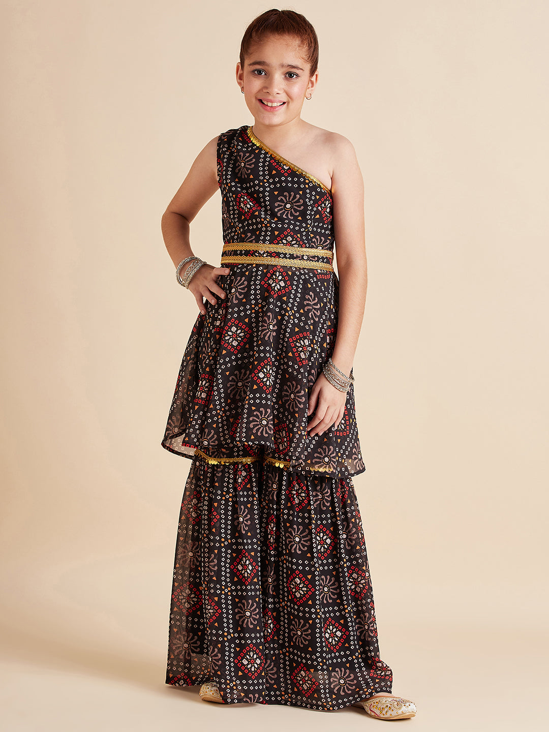 Girls Bandhani Printed Empire Gotta Patti Kurta with Sharara