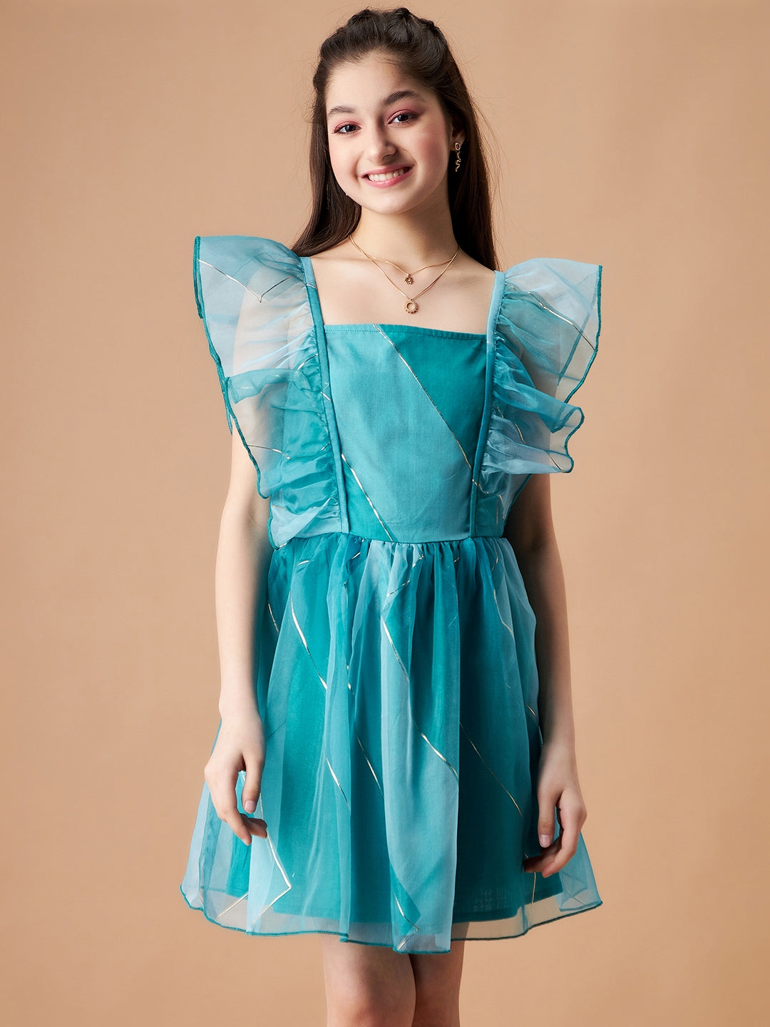 Girls Striped Flutter Sleeves Ruffled Organza Fit & Flare Dress