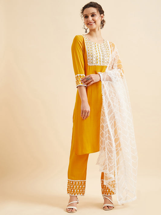 Yellow Ethnic Motifs Chinkari Work Regular Kurta with Trousers & Dupatta
