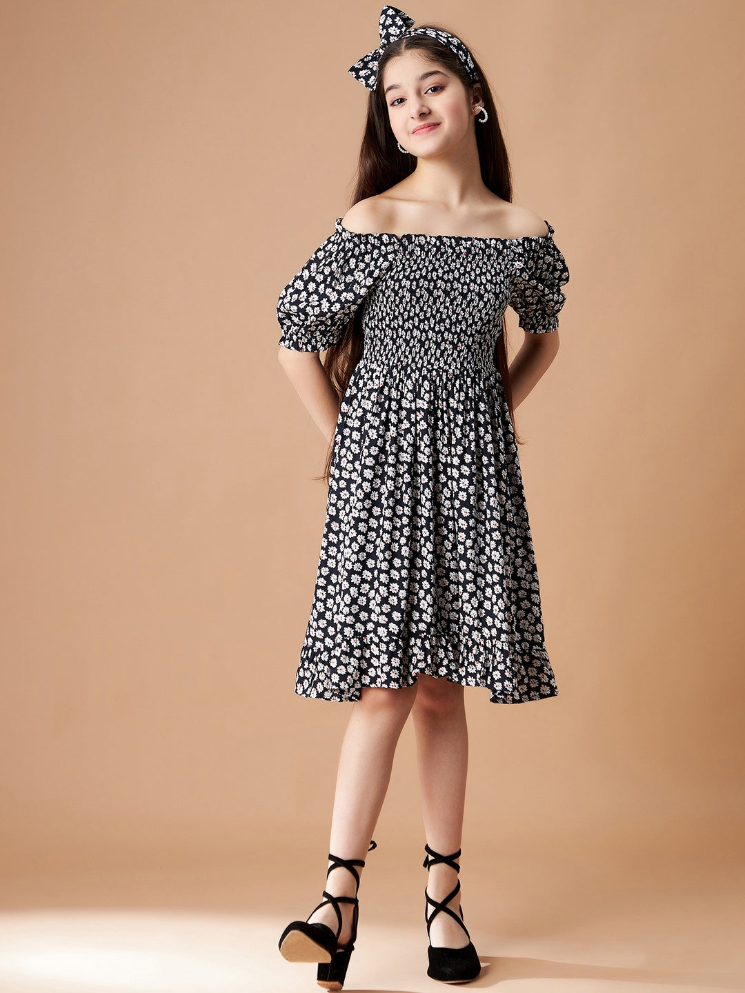 Black Floral Printed Smocking detail a Line Dress