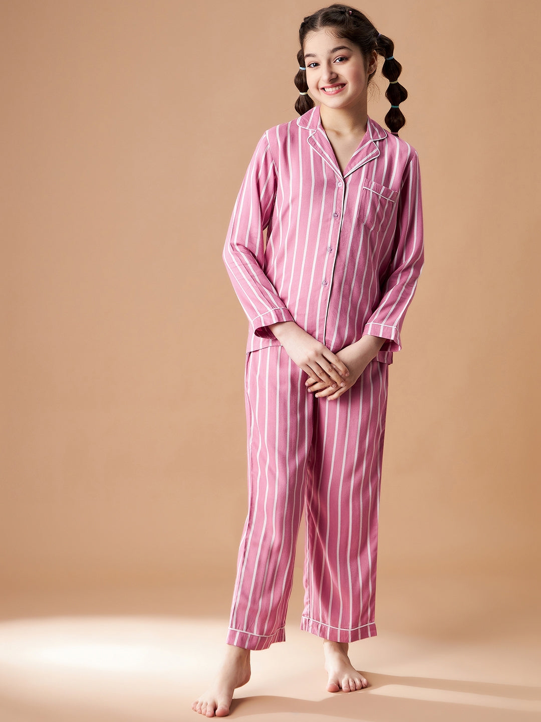 Girls Pink Striped Shorts Night Suit Sets