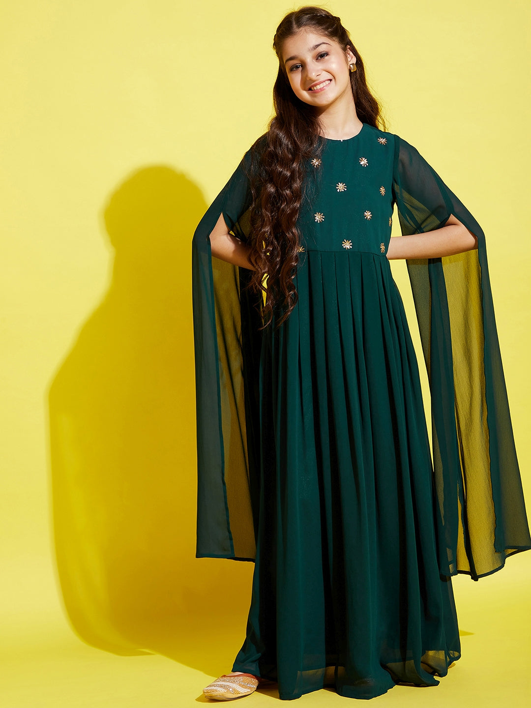 Girls Dark Green Georgette Maxi Dress